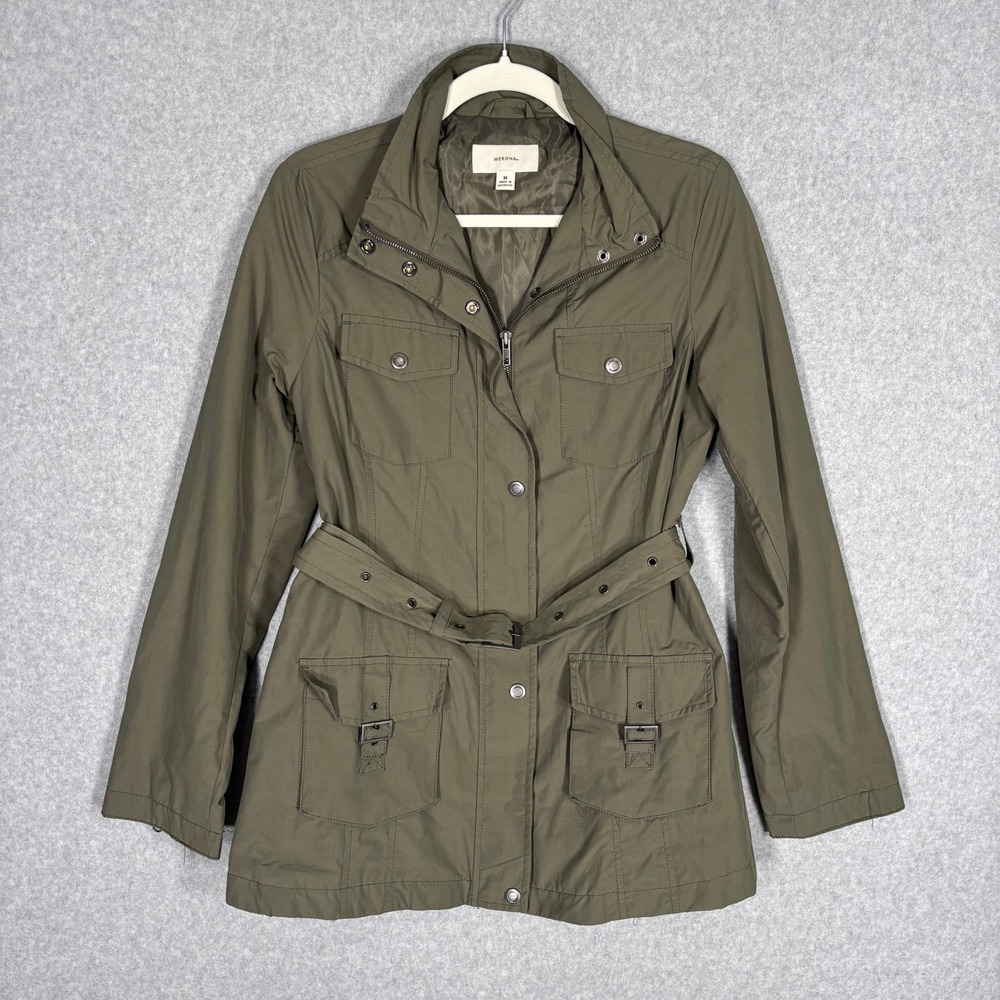 Merona Utility Trench Jacket Medium Olive Army Green Belted Cargo Field Coat